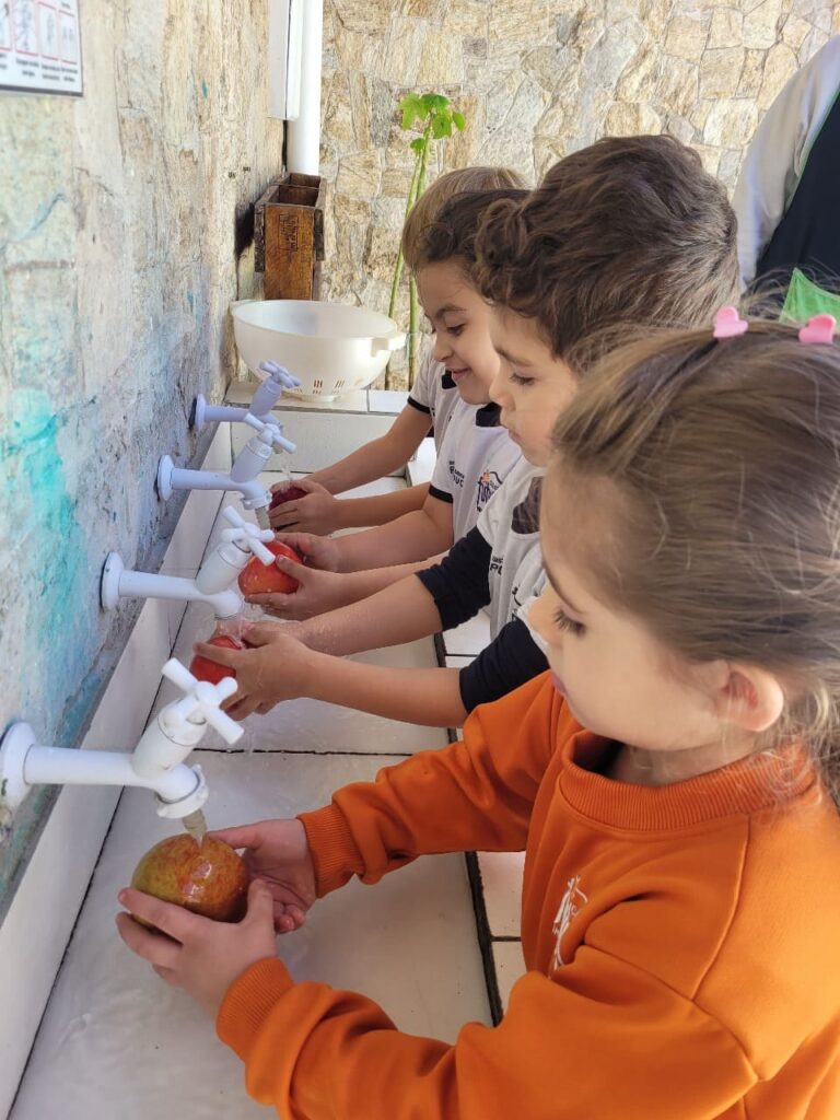 Crianças do Colégio Futura Jundiaí lavando maçãs em tanque em vivência sobre origem e preparo de alimentos.