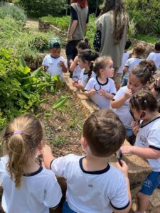 Crianças do Colégio Futura Infantil Jundiaí observando plantas com lupa no Jardim Botânico de Jundiaí SP, em passeio pedagógico do Grupo 3.