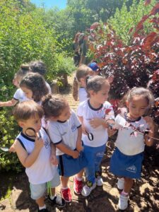 Exploração da natureza com lupa por alunos do Grupo 3 do Colégio Futura Infantil Jundiaí no Jardim Botânico, aprendizado vivencial.