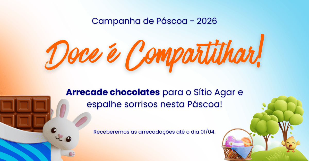 Versão mobile do banner Campanha de Páscoa 2026 Colégio Futura Infantil Jundiaí - Doce é Compartilhar. Arrecadação para o Sítio Agar.
