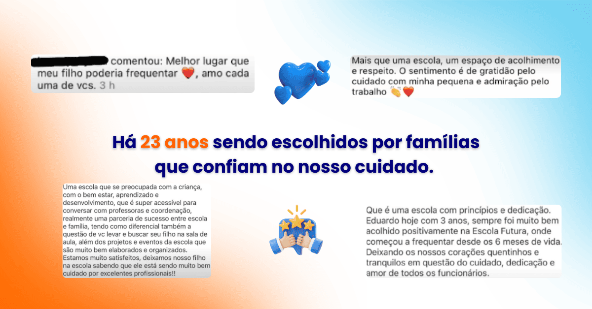 Sugestão: Banner mobile de depoimentos do Colégio Futura Infantil em Jundiaí: "Há 23 anos sendo escolhidos por famílias que confiam no nosso cuidado". Mostra relatos de pais sobre acolhimento e gratidão.